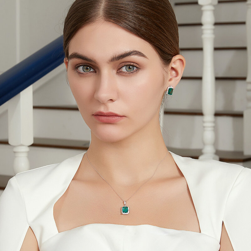 Noble Emerald Green Earrings Studs Women Cubic Zirconia Geometric Luxury Wedding Sterling Silver 925 Earring Fine Jewelry