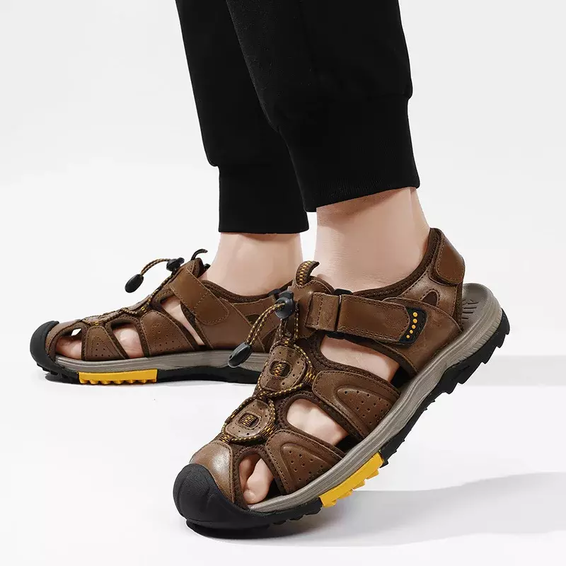 Летние мужские сандалии из натуральной кожи, повседневная обувь, уличные мужские кожаные римские сандалии, мужские пляжные дышащие кроссовки