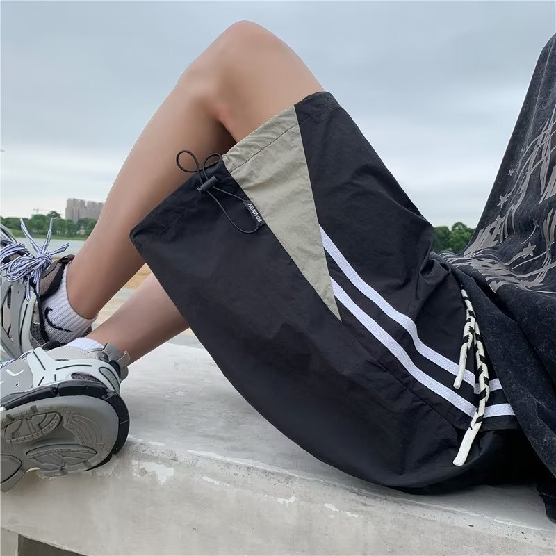 Шорты мужские в стиле сафари, популярные мешковатые летние лоскутные стильные американские универсальные с боковыми полосками в стиле пэчворк