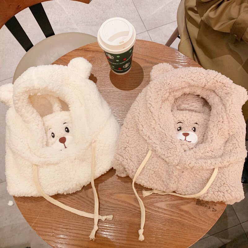 Women's Cute Bear Lambswool Hat Winter Thickening Keep Warm Ear Protection Mask Windproof Plush Hat