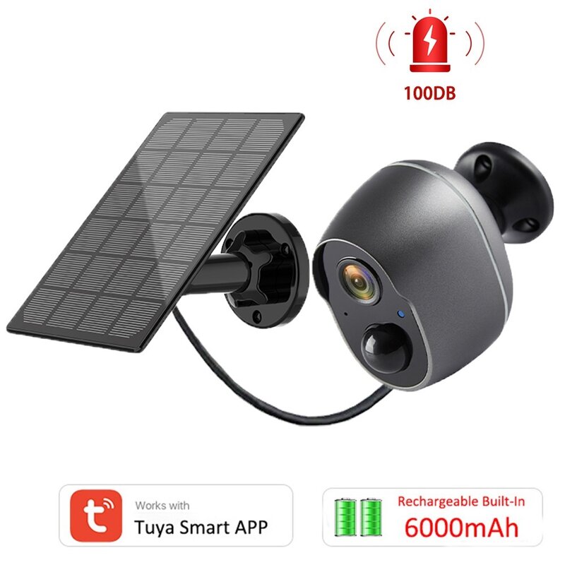 Tuya Smart-cámara de seguridad inalámbrica para exteriores, videocámara con sirena de protección IR, batería Solar de 6000mAh, 3,5 W, WiFi, 1080P, PIR, sin cables