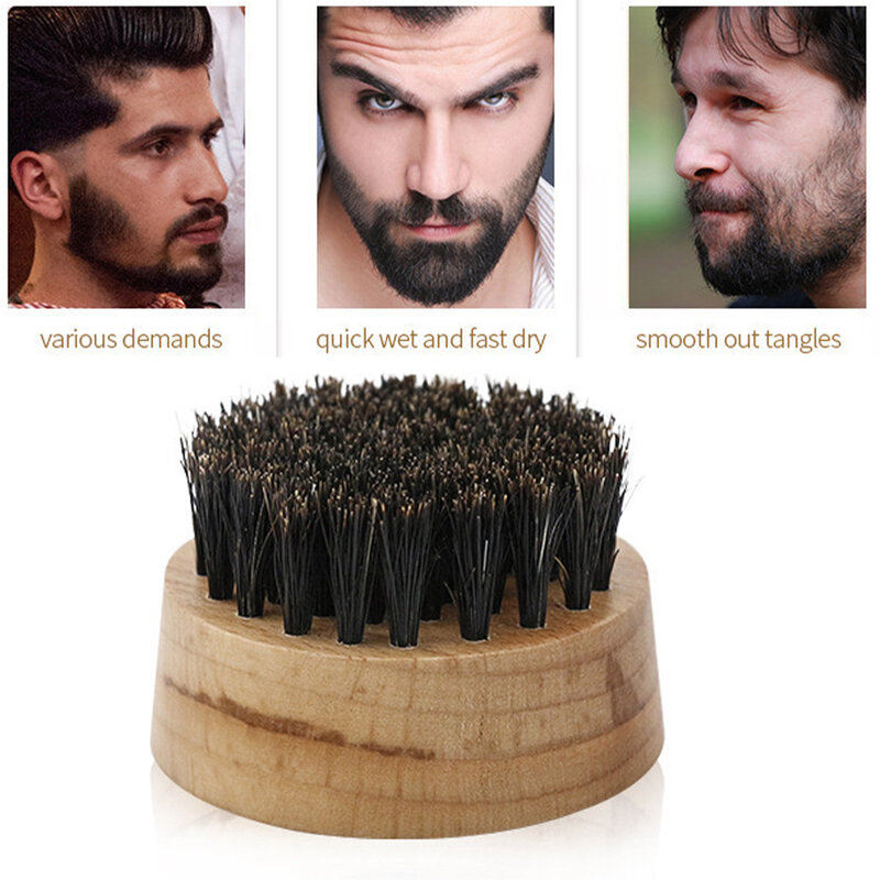 Barba escova redonda natural de madeira escova de javali com cerdas firmes profissional homem barba escova para grooming estilo