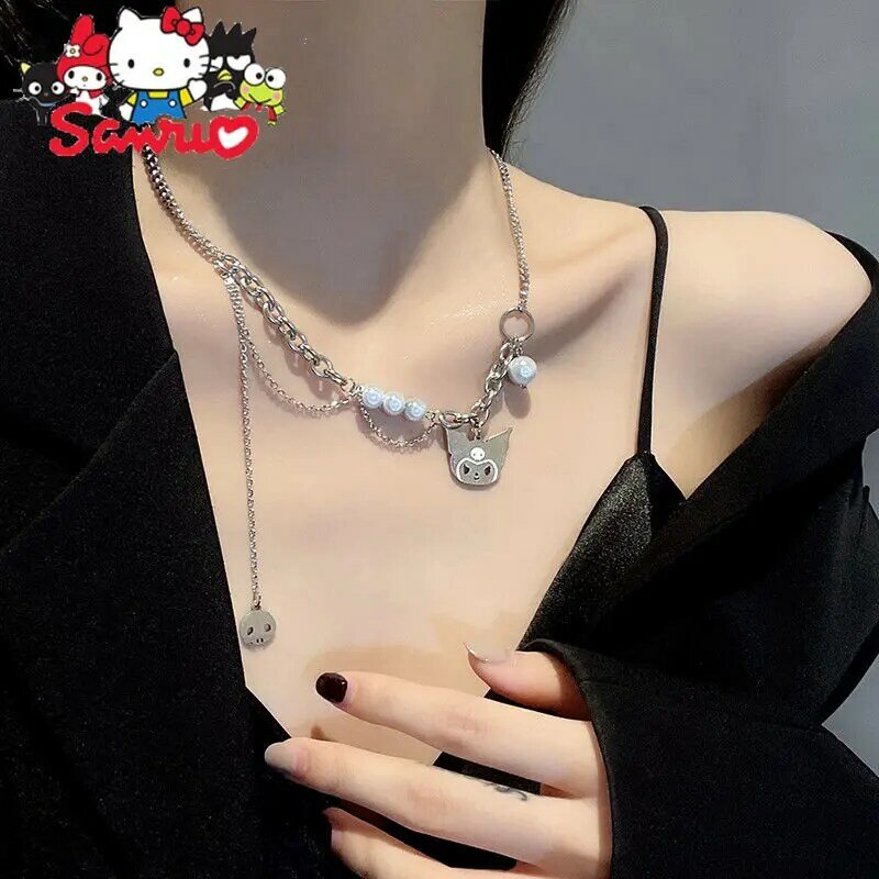 Sanrio Ins Kuromi-collar de perlas de Cinnamoroll para mujer, cadena de clavícula reflectante con paneles, elegante y versátil