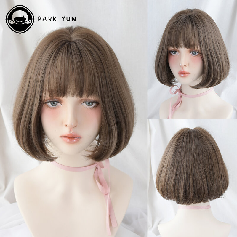 Linen Color Bob Short Straight Synthetic Wigs with Bangs Women Lolita Cosplay Matilda Natural Supple Daily Wear Hair Accessories