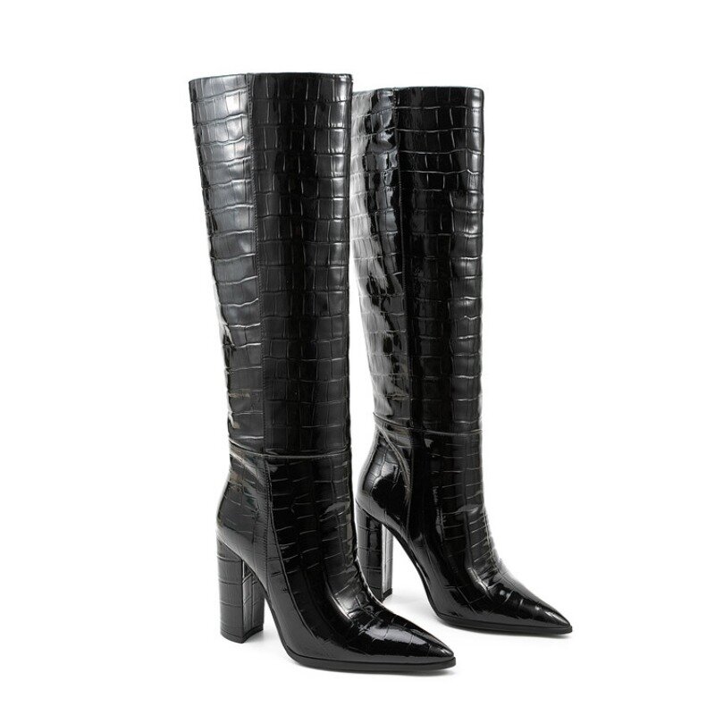 Fashion Stone Pattern Silver Long Boots Women's New European American Black Gray Winter Short Plush Knee Length Boots Size 34-45