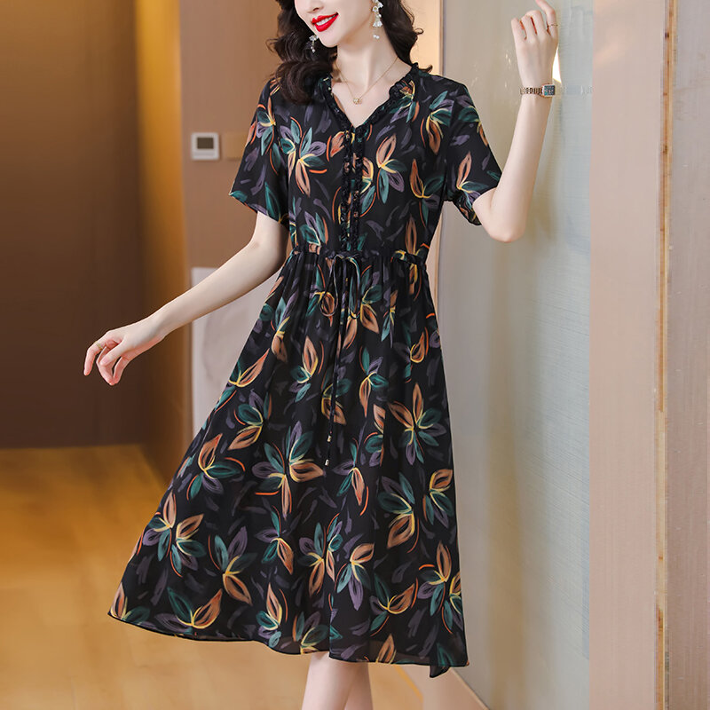2023 Summer Silk V-Neck Printed Short Sleeve Dress with Thin Waist for Women's Bohemian Mid length Loose Large Size Skirt