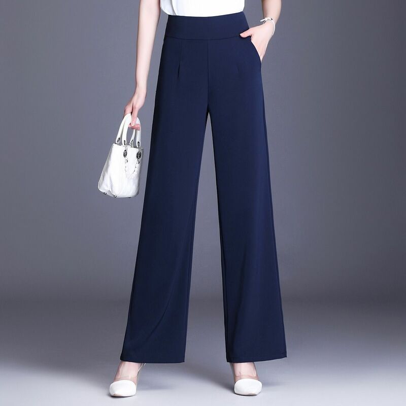 Pantalones de oficina de gran tamaño para mujer, pantalón holgado de cintura alta con bolsillos, elástico, liso, coreano, 2202