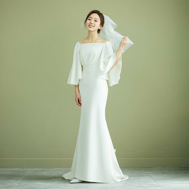 Korea Style Mermaid Zipper Wedding Dress 2024 Boat Neck Party Dresses Stain Appliques vestidos de novia