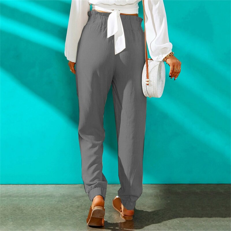 Calça casual de cor sólida feminina, simples versátil, elegante de algodão com bolso, calça comprida feminina, nova, verão, 2022