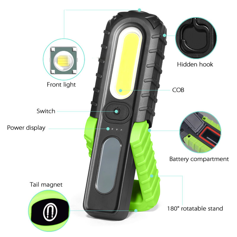Portable 2-in-1 Rechargeable Led COB Flashlight for Outdoor Camping Fishing Hiking Emergency Car Repairing Emergency Work Light