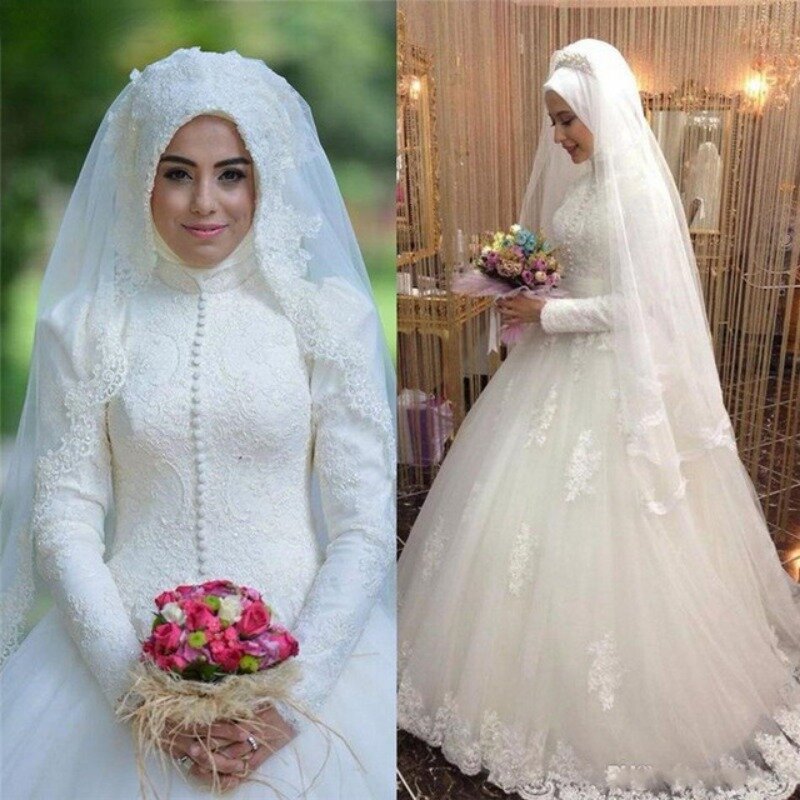 Arabic Muslim Wedding Dresses Princess High Neck Long Sleeves Lace Appliques Bead Bridal Dresses Elegant Robe De Mariage