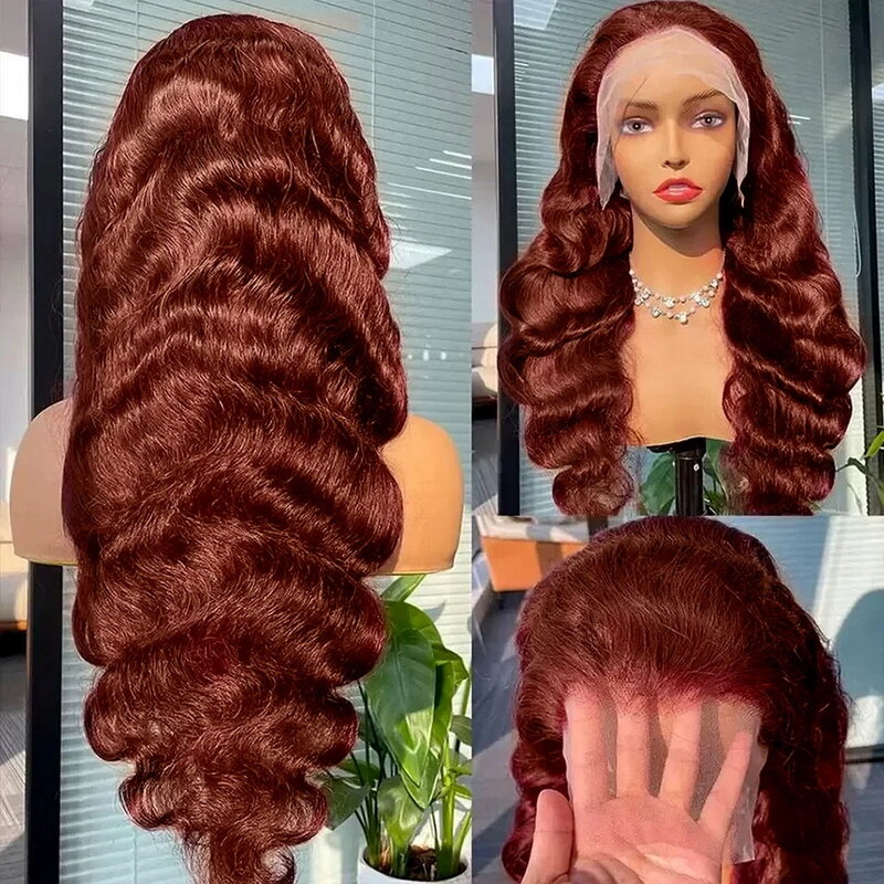 Wig rambut manusia, 13x4 rambut palsu tubuh coklat kemerahan renda depan 13x6 Hd Wig renda Frontal rambut manusia tanpa lem Brasil telah ditanami