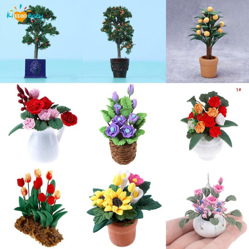 1/12 Dollhouse Miniature Potted Plant Mini Green Plants Flower Model for bjd Decoration Doll House accessories