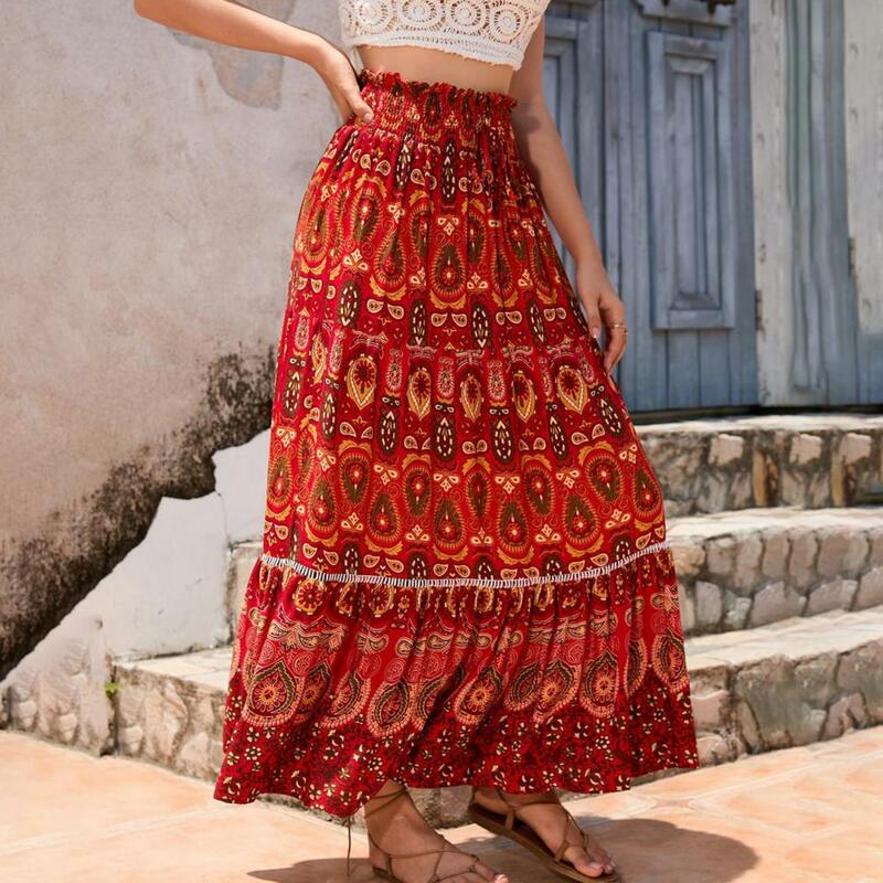 Женская юбка с ярким принтом, юбка макси с цветочным принтом в стиле бохо, эластичная юбка с завышенной талией и трапециевидным подолом для пляжа