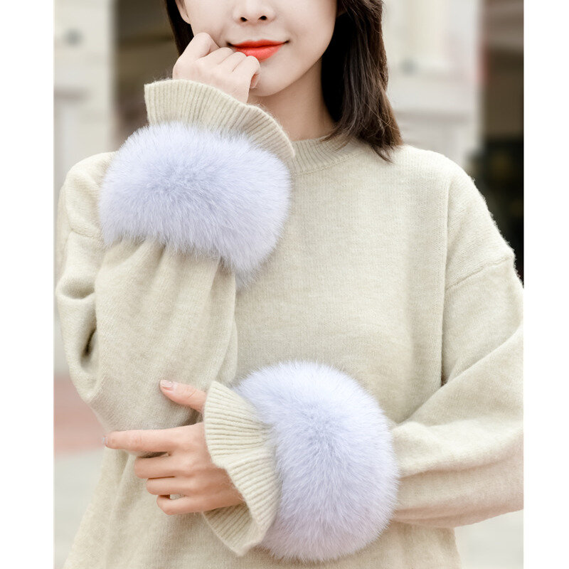 Real  Fox Fur Cuff  For Women Winter Fashion Black Fur Cuff Lady Warmer Furry Wrist Cuff Natural Warm Wristband Decorat