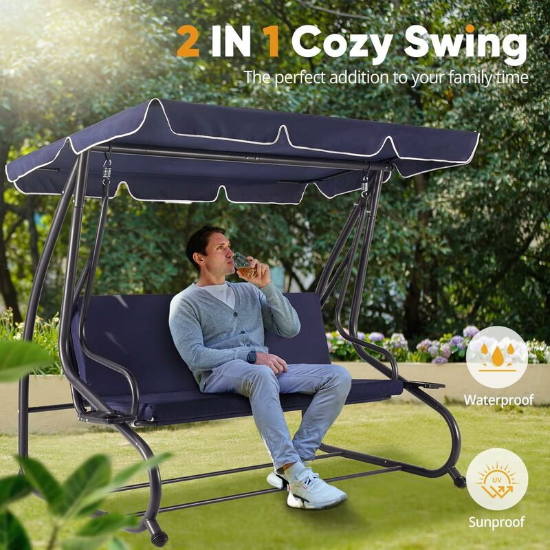 Outdoor Patio Swing Chair w/Textilene Breathable 3-Person Armrest Seat, Canopy Porch Swing w/Adjustable Shading