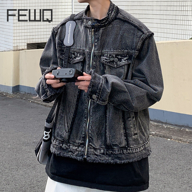 Куртка FEWQ Мужская джинсовая однотонная, шорты на молнии, винтажная свободная повседневная короткая верхняя одежда с воротником-стойкой, 24X9032, лето 2024