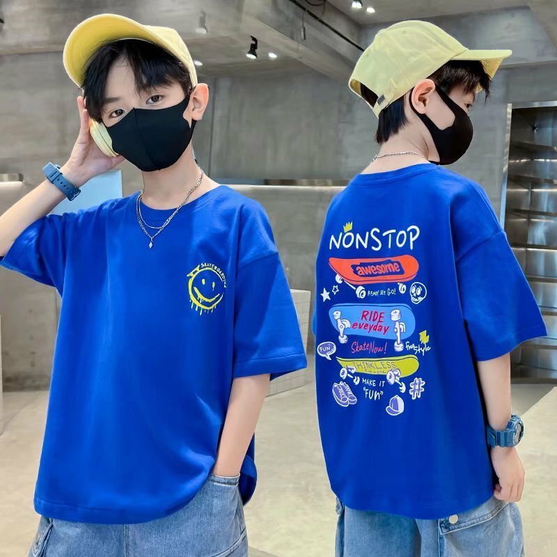Kaus Anak Laki-laki Motif Kartun, Baju Atasan Lengan Pendek Versi Korea untuk Musim Panas