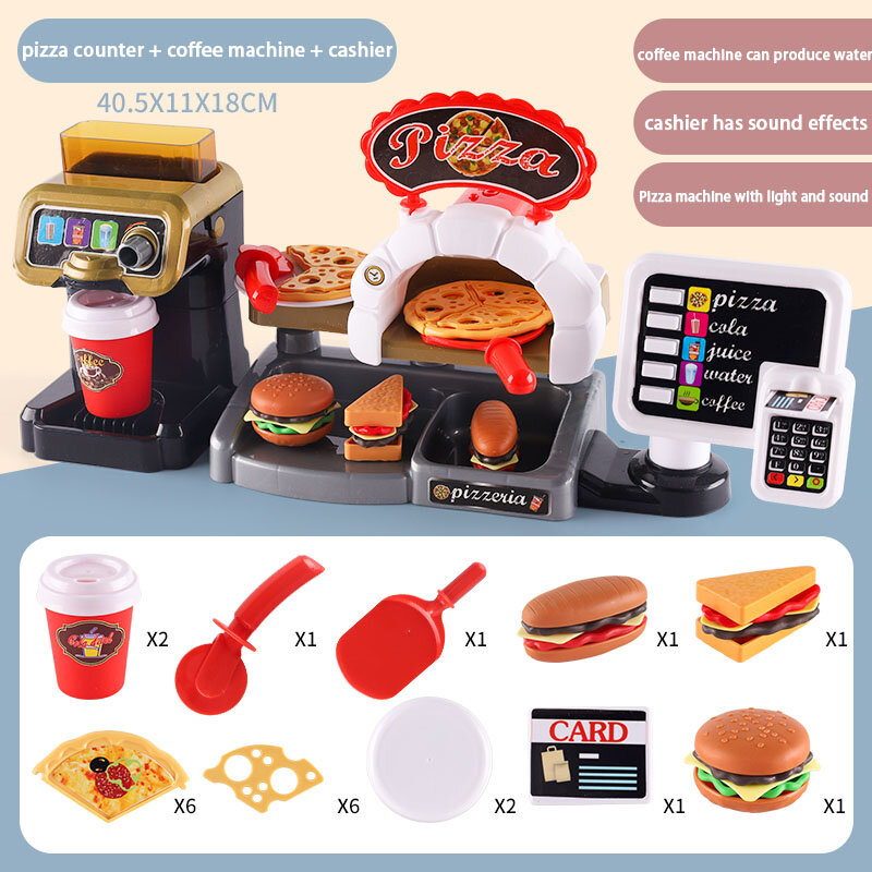 Kid Play House Game Kitchen Fast Food Restaurant Burger Fries Dessert Coffee Machine Cashier Set Mini Educational Role Play Toys