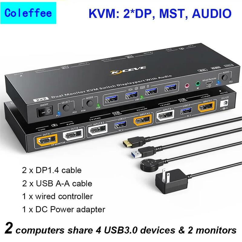KVM 스위치 2 DP 1.4 8K 모니터 도킹 스테이션, USB 허브 스플리터, 2 컴퓨터 노트북 PC 데스크탑 액세서리 스위처 선택기, 신제품