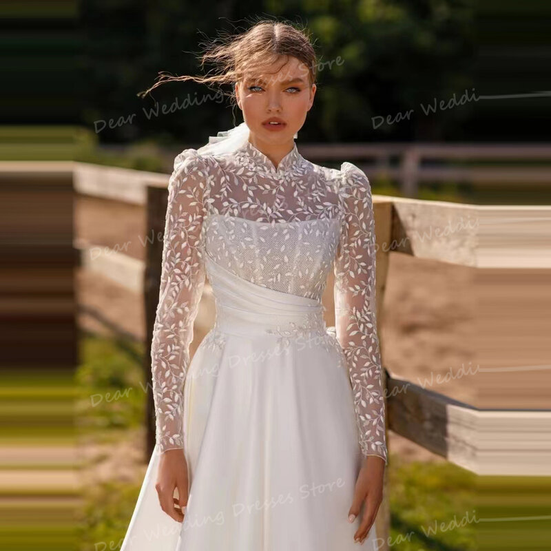 Женское свадебное платье It's yiiya, белое атласное платье А-силуэта с длинными рукавами и высоким воротом на лето 2019