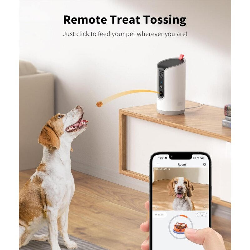 Distributore di dolcetti per fotocamera per animali domestici 2K, telecamera per cani con vista a 360 ° con App per telefono, 5G e 2.4G WiFi 2-Way Talk Pet Camera Indoor per gatti Remote