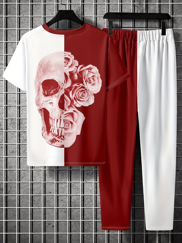 Czarno-czerwony garnitur męski 2 letnie nowatorskie spodnie z krótkim rękawem nadruk z różą z czaszką na co dzień moda retro street
