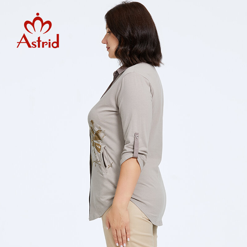 Astrid-Chemisier élégant en coton pour femme, vêtement de bureau, décontracté, à la mode, avec revers imprimé, grande taille, 2023