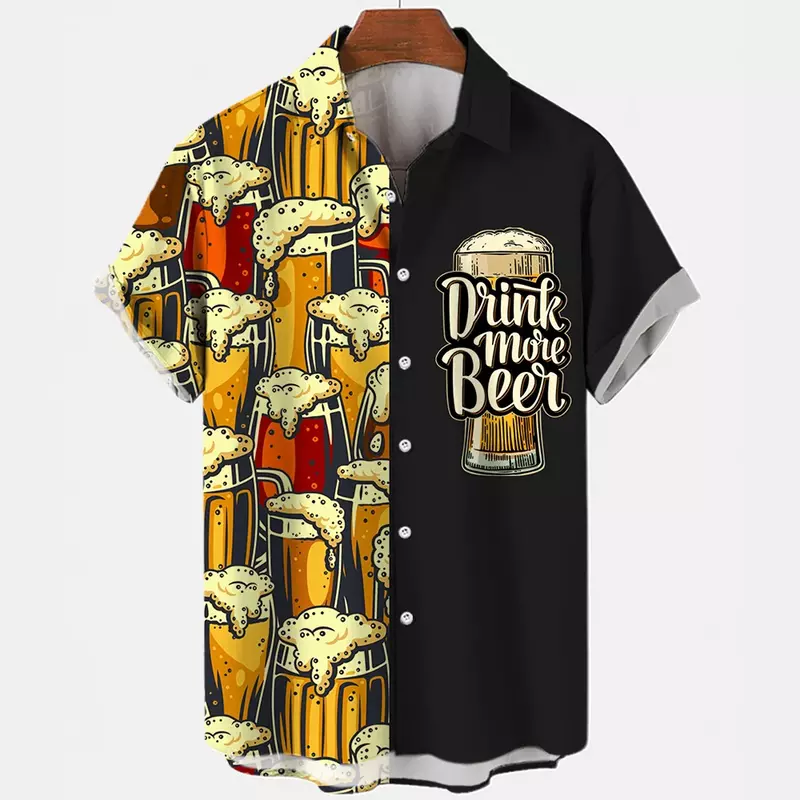Chemises Harajuku à manches courtes pour hommes, t-shirts College en 3D, style plage hawaïenne d'été, chemises à revers en Y à simple boutonnage, festival de la bière