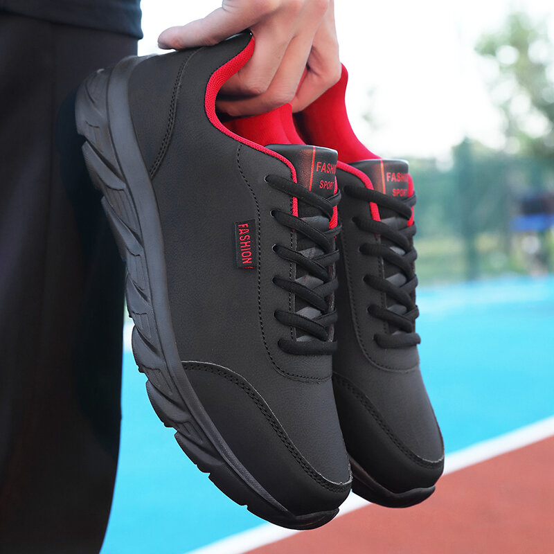 Calçado esportivo de couro leve masculino, sapatilha casual, tênis impermeável, preto