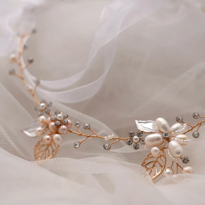 Corona de comunión con cinta de perlas de agua dulce rosa/blanca, diadema de diamantes de imitación, vid para el cabello nupcial, joyería para el cabello para novia, pieza para la cabeza