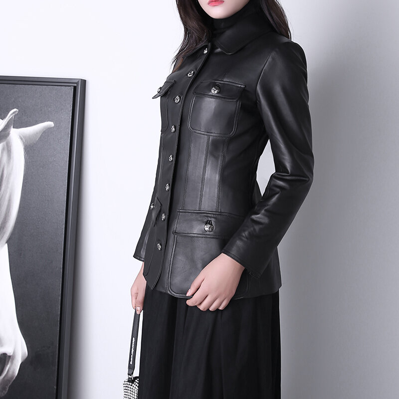 Chaqueta de cuero auténtico para mujer, abrigo Retro chino en contraste, Mangas de burbuja, cintura fina, novedad de primavera 2022