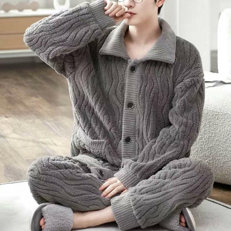 Lapel Homewear Coat Set Cozy Winter Homewear Plush Lapel Pajama Set with Elastic Waist Water Wave Texture Warm Pockets for Men