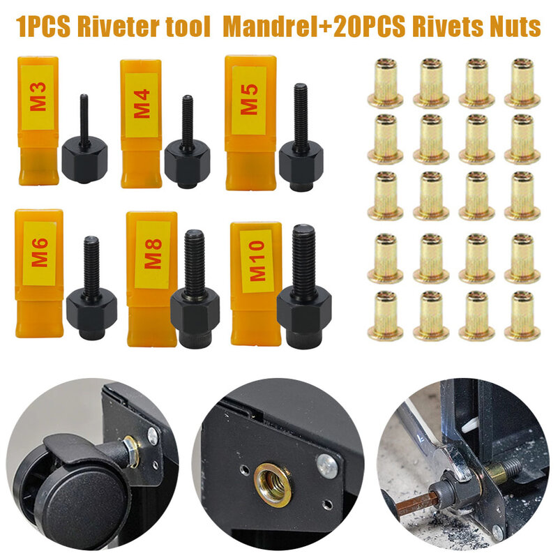 21pcs/set Rivnut Tool Head Nuts Manual Riveter Installation Hand Rivet Nut Tool With Stainless Steel Nuts For M3 M4 M5 M6 M8 M10