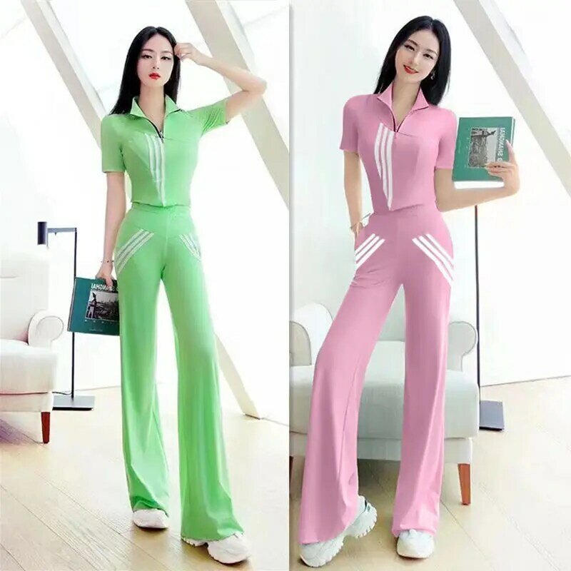 Sporty Causal Two Pieces Set Women Slim Striped Zipper Turn-down Collar Short Sleeves Top Ankle Length Wide Leg Pants Oversized