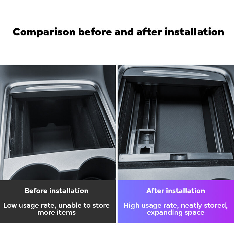 For Tesla Model Y Hidden Storage Box Car Center Console Armrest Front and Rear Flocking Layered Grid Organized Container Slide