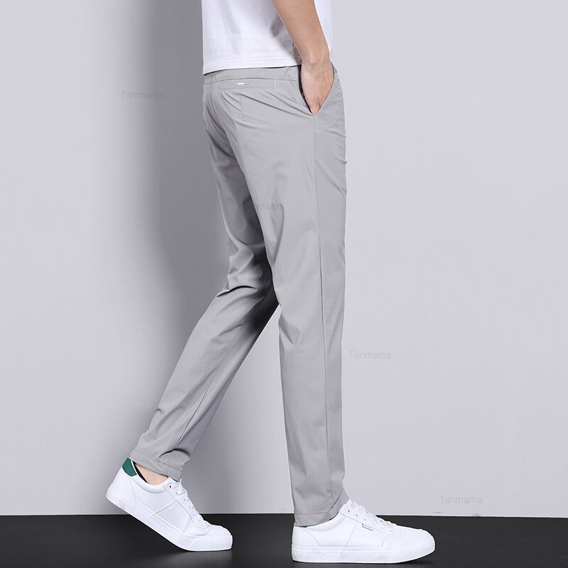 Ultra-thin Elastic Men's Casual Trousers Summer Quick-drying Ice Silk Slim Straight Business Solid Color Trousers Black Gray