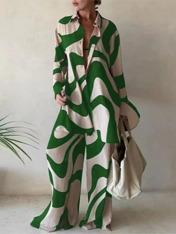 Women set Autumn Long Sleeve Lapel Printed Casual Fashion Elegant Beach Loose Wide Legs Trousers Ladies Two Piece Suits MsChuh