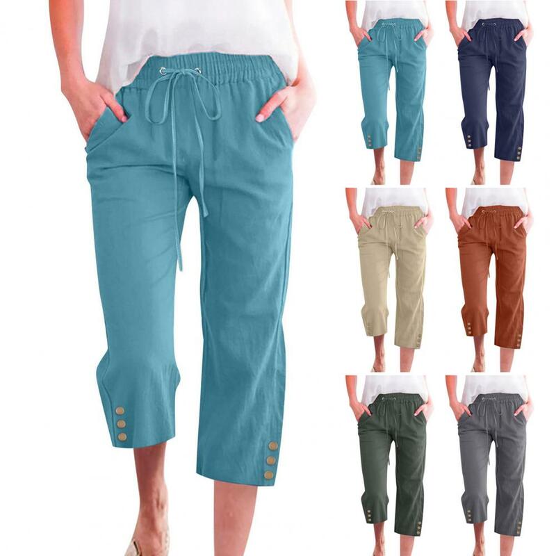 Jednokolorowe spodnie z szerokimi nogawkami Elastyczna talia Damskie letnie przycięte spodnie z kieszeniami Guziki Luźny krój Casual for Streetwear