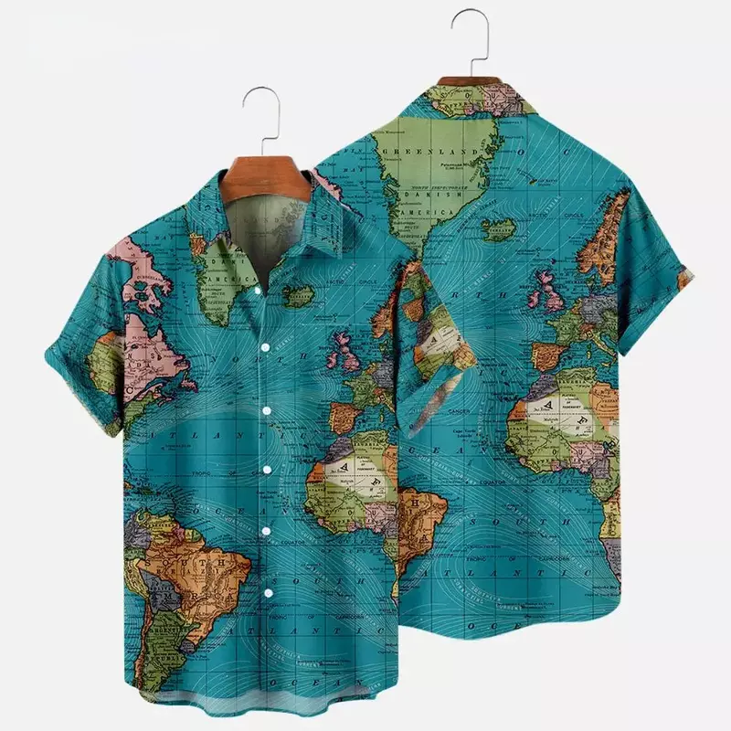 قميص هاواي بطباعة خريطة للرجال والنساء ، قميص بطية صدر غير رسمي للمهنة ، بلوزة شاطئ صيفية ، بلوزة رحلة ، 3D
