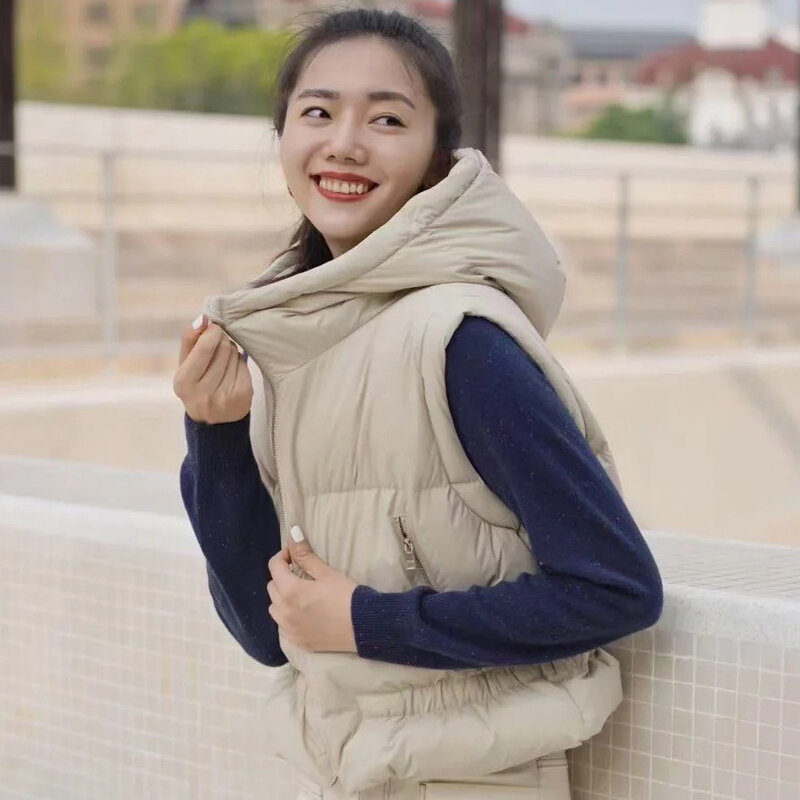 Inverno 22 simplicidade estilo quente casual feminino para baixo jaqueta colete com capuz sem mangas colete senhora curto inchado para baixo colete