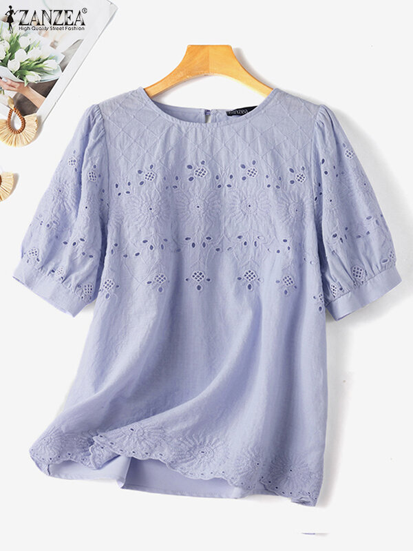 Элегантная кружевная блузка ZANZEA, женская летняя рубашка, модные офисные Блузы с коротким рукавом, Женские повседневные праздничные топы, туника для женщин