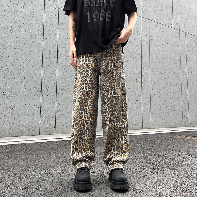 High Street Mens Leopard Jeans Pants Long Straight Denim Trousers Korean Style Hip Hop Streetwear Quality Casual Jeans