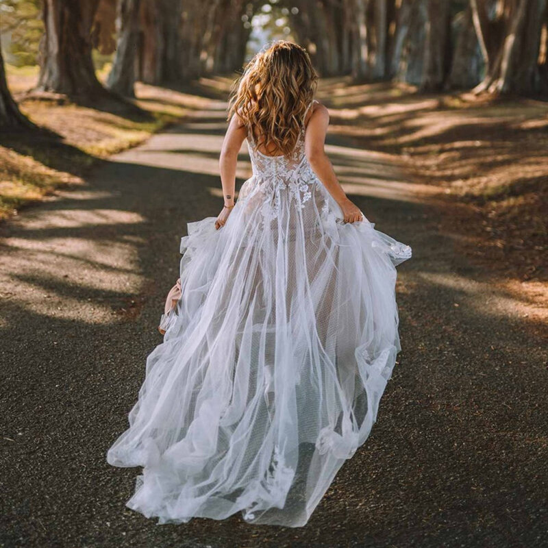 Boho A-line 2023 Wedding Dresses Spaghetti Straps Lace Appliques Tulle Modern Bridal Gown for Women Vintage Vestidos De Novia