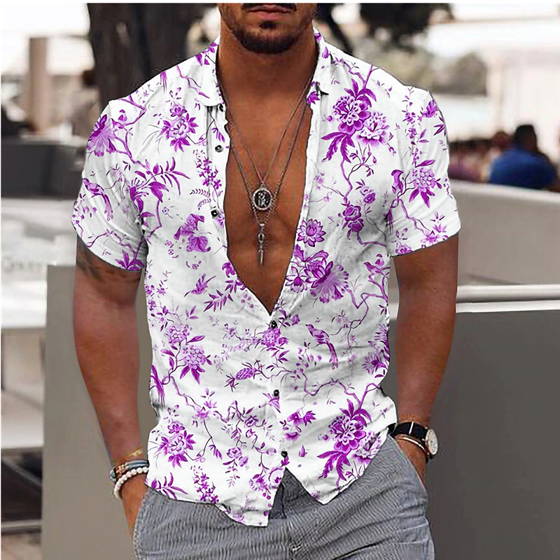 남성용 반팔 꽃무늬 셔츠, 라펠 단추 스트리트 xs-6, 3D 인쇄, 여름 패션, 2024
