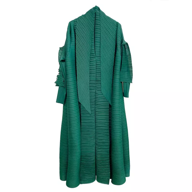 ANLAN Women's 2024 New Miyake Pleated Dress Long Petal Sleeve Lapel Cardigan Belt Fashionable Elegant And Chic Clothing 8AN5602