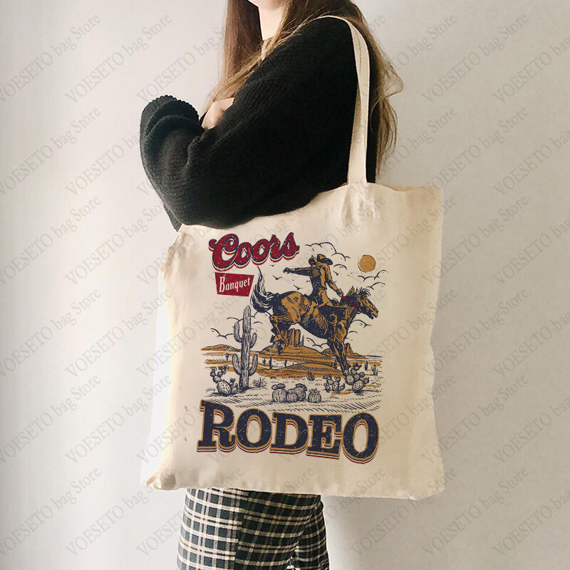 Coors banchetto Rodeo Beer Pattern Tote Bag Origin-borsa a tracolla in tela dorata borse per la spesa riutilizzabili in stile occidentale anni '90