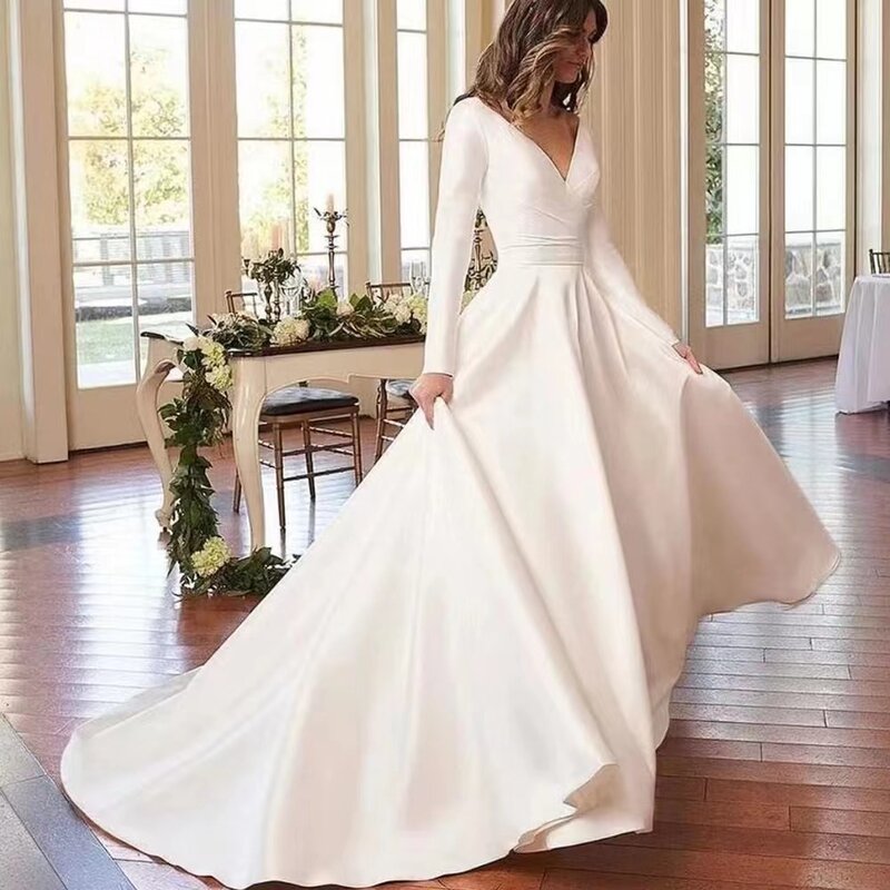 A Line Wedding Dresses Satin V Neck Sexy Backless Bridal Gowns Formal Occasion Court Train Vestido De Novia