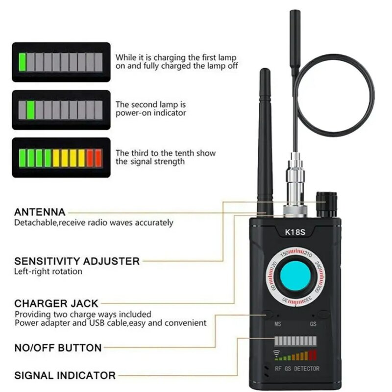 K18S 다기능 도청 숨겨진 카메라 감지기, RF 무선 Gsm 사운드 신호, 도청 GPS 추적기 캠 감지기 버그