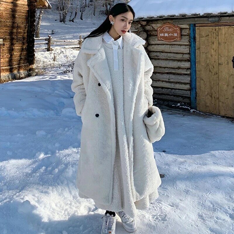 Mulher casaco de pele do falso 2022 outono inverno longo casaco quente das senhoras casaco de peluche de pelúcia feminino outwear